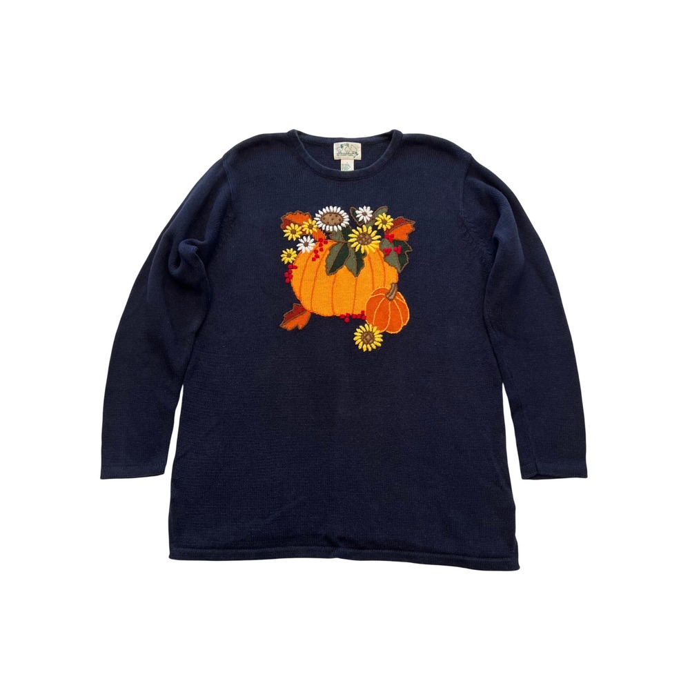 Quacker Factory Navy Blue Pumpkin Floral Embroidered Fall Grannycore Sweater L